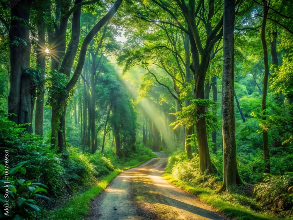 Fototapeta premium A winding dirt path disappears into the dense foliage of a vibrant green forest, surrounded by towering trees