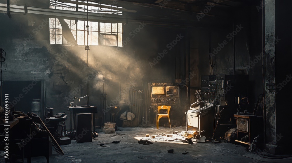 A single ray of light shines through a dusty window in an abandoned industrial building, illuminating a yellow chair and debris on the floor. A single ray of light shines through a dusty window in an abandoned industrial building, illuminating a yellow chair and debris on the floor.