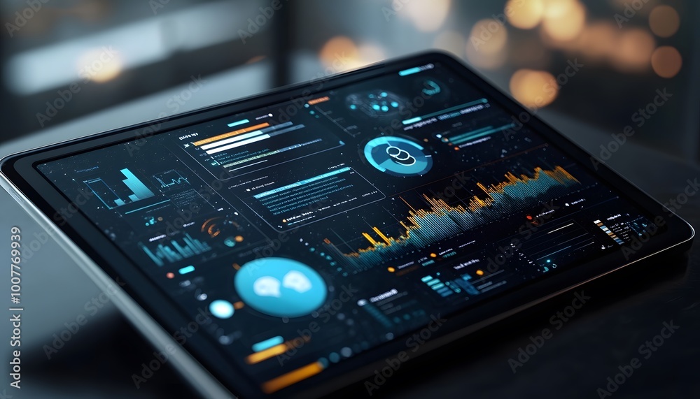 Modern tablet displaying data analytics and graphical interface for business analysis and technology insights. Modern tablet displaying data analytics and graphical interface for business analysis and technology insights.