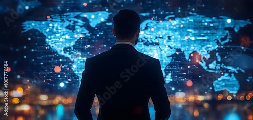 A business professional standing in front of a digital world map, symbolizing global connectivity and technology innovation.