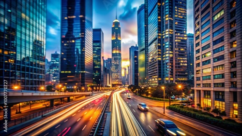 Blurred streetlights and sleek skyscrapers rush by in a whirlwind of motion  capturing the frenetic energy and pace