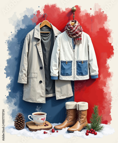 Winter Fashion Ensemble: Coat, Jacket, Scarf, Boots & Hot Drink