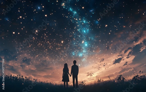 A couple stands hand in hand beneath a starry sky, enjoying a serene moment together in a beautiful, cosmic landscape.