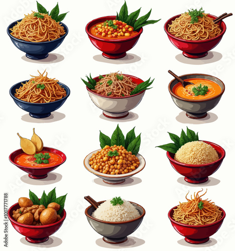 Various Bowls of Food Illustration 
