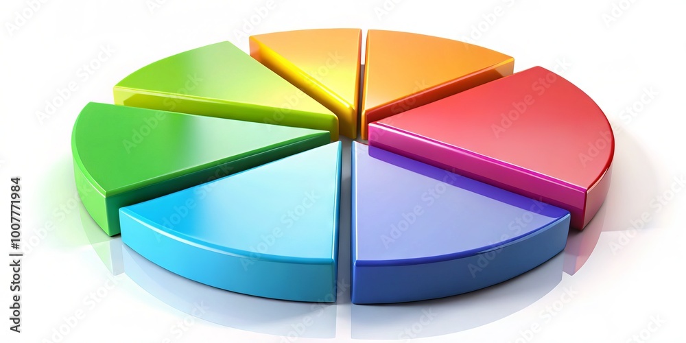Colorful 3D pie chart segments arranged in a circular graph, surrounded by thin lines and subtle shadows, on