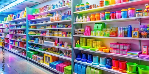 Colorful array of affordable household items, toys, and personal care products on shelves in a budget-friendly retail