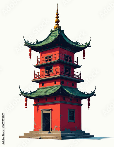 Traditional Chinese Pagoda with Red Lanterns  
