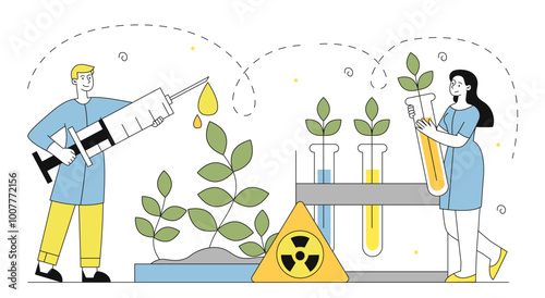 Researches plant radiation in lab. Man with syringe and woman with test tubes studying sprout. Scientific biological experiments in laboratory. Linear vector illustration