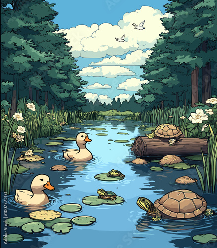 Tranquil Forest Pond with Ducks, Frogs, and Turtles on Lily Pads, Surrounded by Lush Greenery and Flowers, Capturing a Serene Natural Habitat