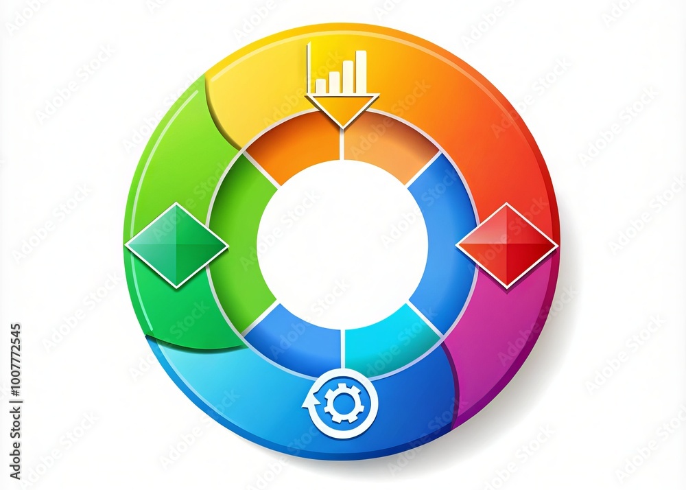 Colorful circular diagram with arrows and icons illustrating growth, progress, and cycles, perfect for business, Colorful circular diagram with arrows and icons illustrating growth, progress, and cycles, perfect for business,