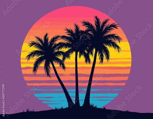 Sunset with Palm Trees Silhouette 
