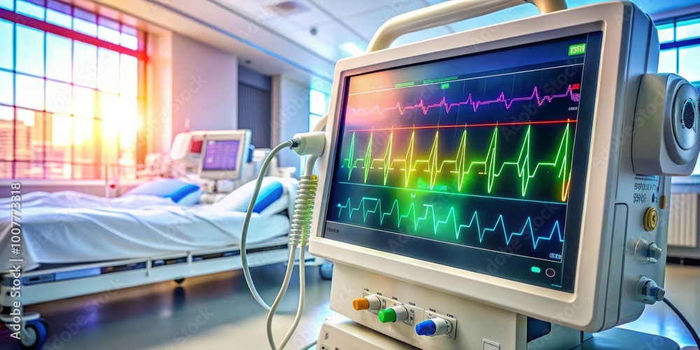 Echogram Display Colorful echocardiogram display on medical monitor shows heartbeat ...