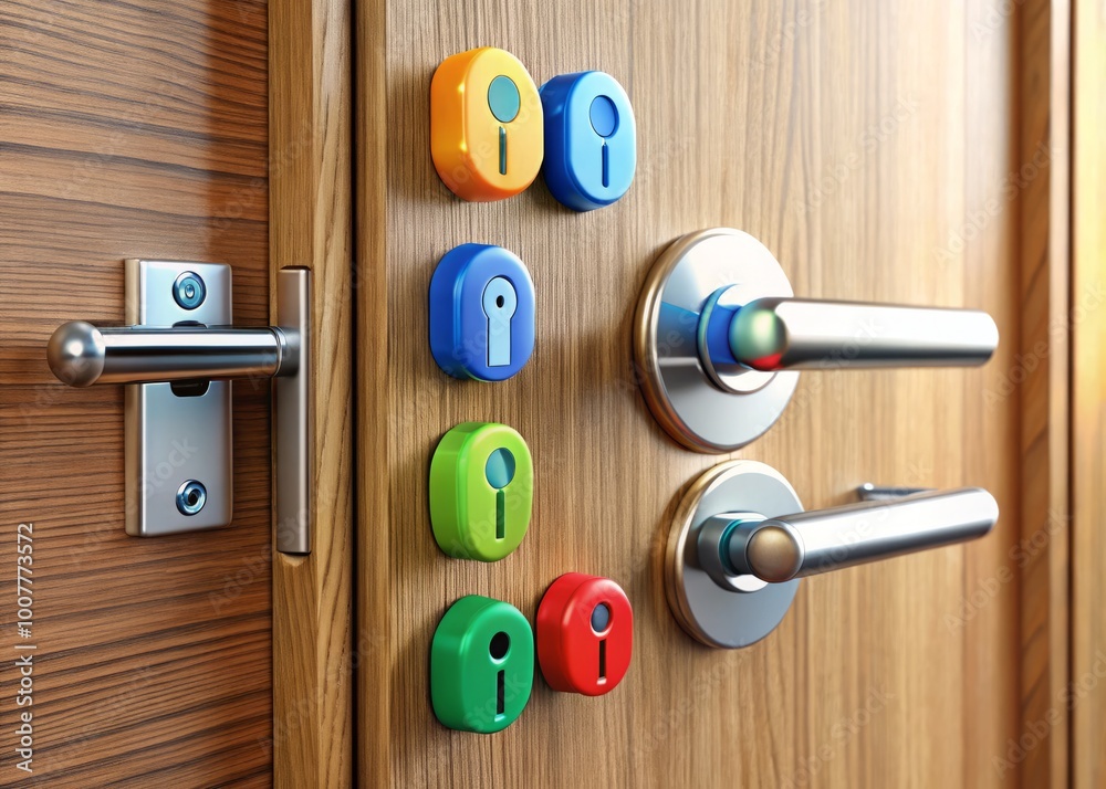 Obraz premium Colorful icons of keys, locks, and handles adorn a modern wooden door, symbolizing security, accessibility, and entry