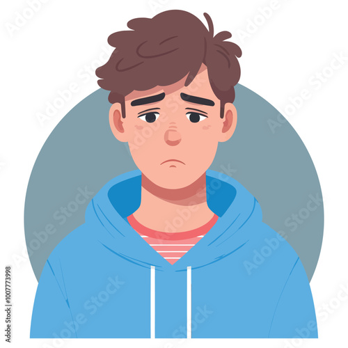 Young man with sad face flat cartoon vector illustration