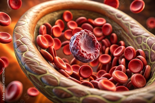 Colorful microscopic illustration of a blood clot in stool, highlighting the irregular shape and dark red color amidst photo