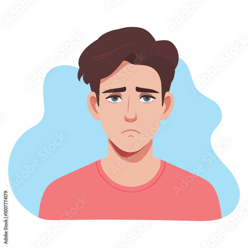 Young man with sad face flat cartoon vector illustration