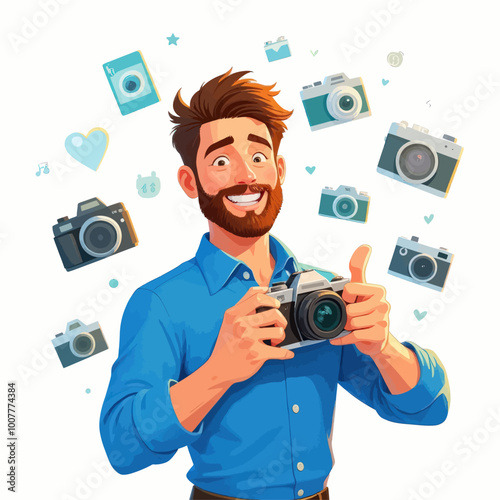 Smiling Man Holding Camera with Hearts and Stars Surrounding Him 
