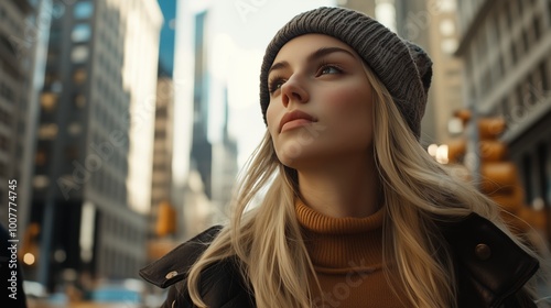 A young woman enjoying a vibrant city atmosphere while walking through a busy downtown area in autumn sunlight