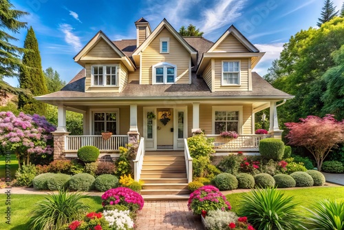 Cozy duplex home with cream-colored exterior, dormer windows, and inviting front porch, surrounded by lush greenery and