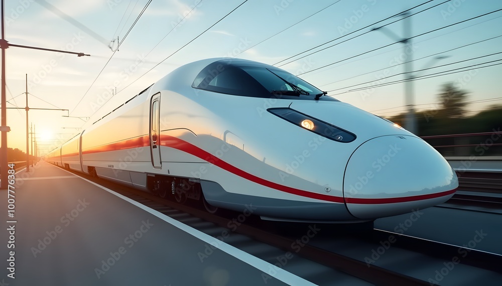 High-speed train in motion at sunset High-speed train in motion at sunset