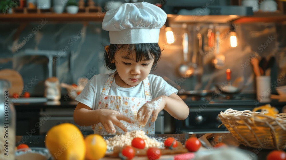 Playful Child Pretending to Be Chef in Kitchen Playful Child Pretending to Be Chef in Kitchen
