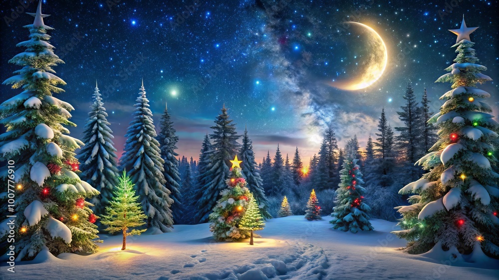 Dark winter forest silhouettes of snow-covered evergreen trees and festive holiday decorations sparkle under a starry Dark winter forest silhouettes of snow-covered evergreen trees and festive holiday decorations sparkle under a starry
