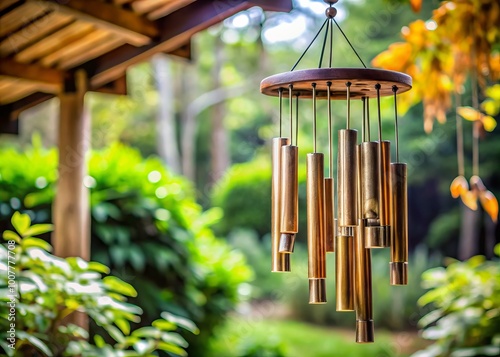 Delicate wind chime suspended from a rustic wooden beam, its intricate metal tubes softly clinking in the gentle