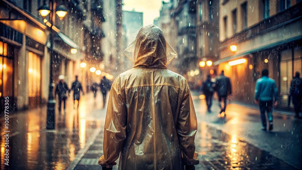 Droplets of rain cling to a translucent tan raincoat, glistening with beads of water, as the wearer walks Droplets of rain cling to a translucent tan raincoat, glistening with beads of water, as the wearer walks