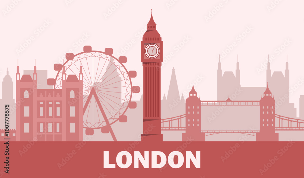 Fototapeta premium Skyline of London. National Britain Landmark. Skyscapers and domes, ferris wheel. Urban architecture and cityscape. Silhouette of city. Graphic element for website. Flat vector illustration