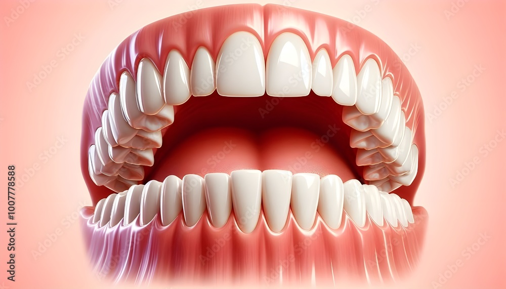 Fototapeta premium Realistic vector showing an upper row of perfectly clean, white teeth and gums, arranged in a curved formation