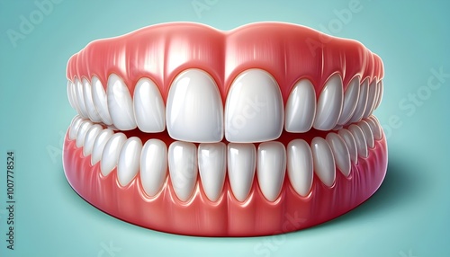 Realistic vector showing an upper row of perfectly clean, white teeth and gums, arranged in a curved formation photo