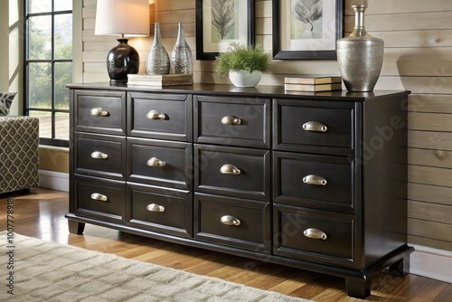 Elegant black wooden dresser features six spacious drawers with ornate metal handles, providing ample storage and photo