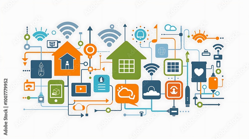 Illustration of a smart home with various interconnected devices and technologies. Illustration of a smart home with various interconnected devices and technologies.