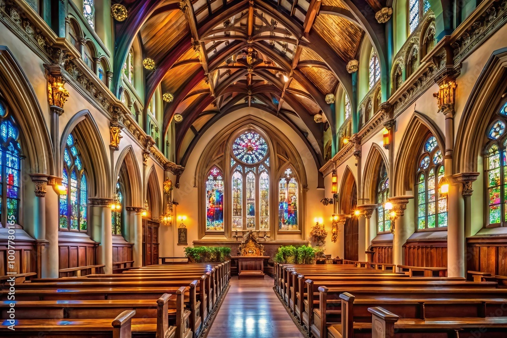 Elegant stained glass windows illuminate the vaulted ceiling and ornate altar of a serene, historic church interior Elegant stained glass windows illuminate the vaulted ceiling and ornate altar of a serene, historic church interior