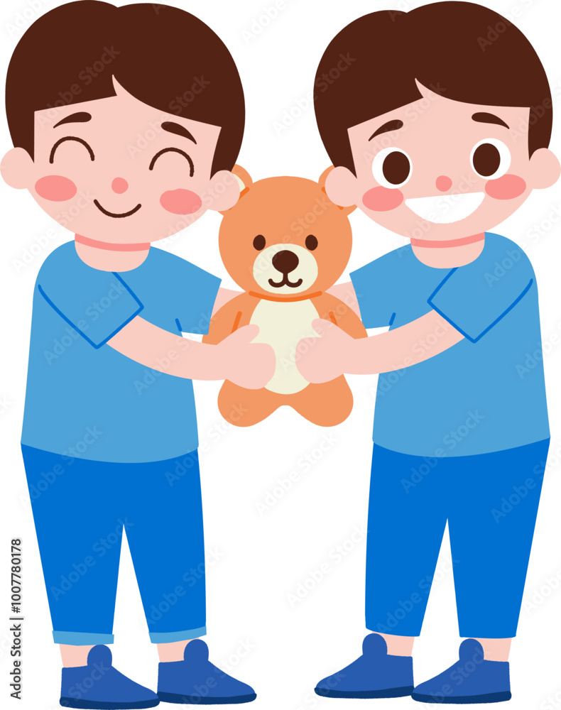 Happy Boys Sharing Stuffed Teddy Bear Toy Cartoon Illustration Happy Boys Sharing Stuffed Teddy Bear Toy Cartoon Illustration