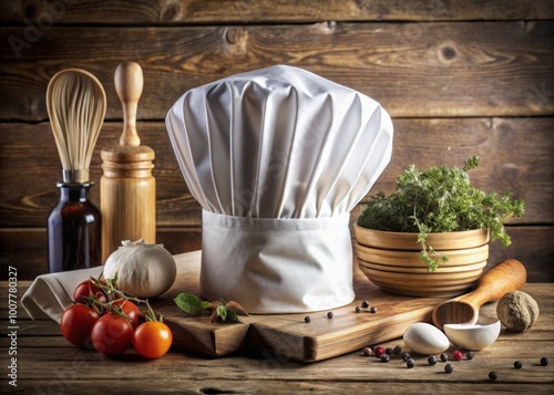 Elegant, white, pleated chef's hat sits atop a wooden kitchen counter amidst utensils, ingredients, and a worn photo