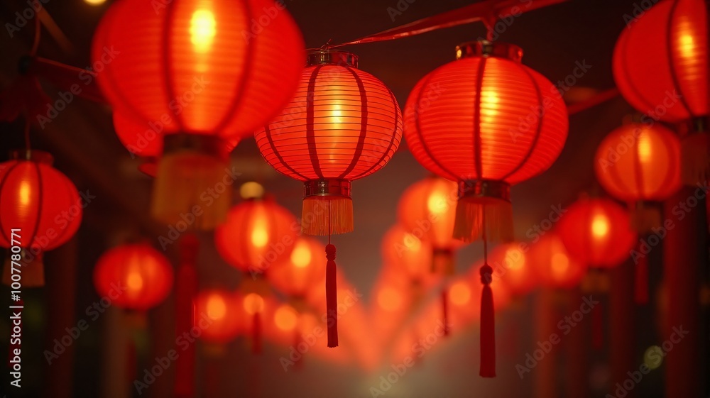 Chinese new year, Lantern-adorned banner featuring hanging red paper lanterns, Chinese tassels, and glowing light. Chinese new year, Lantern-adorned banner featuring hanging red paper lanterns, Chinese tassels, and glowing light.