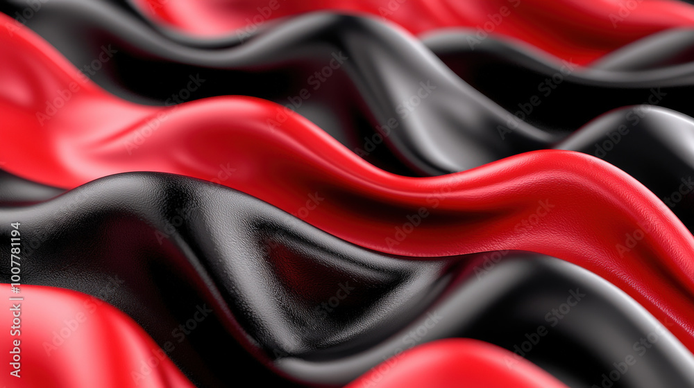 Smooth waves of red and black fabric create striking visual effect, showcasing blend of colors and textures that evoke sense of elegance and depth