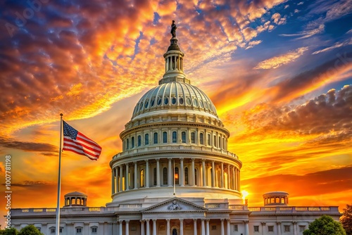 Flag-draped Capitol Building dome in Washington D.C. at sunset, symbolizing American democracy, freedom, and