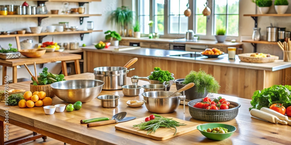 Fresh ingredients and culinary tools surround a wooden kitchen island, where a vibrant cooking class is underway, with Fresh ingredients and culinary tools surround a wooden kitchen island, where a vibrant cooking class is underway, with