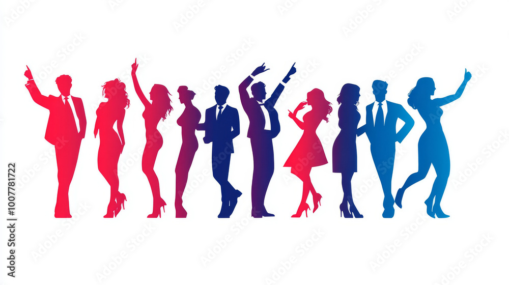 Fototapeta premium Silhouettes of people dancing, a fun and vibrant scene.