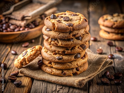 Freshly baked chocolate chip cookies stacked high on a rustic wooden table, surrounded by crumbs, inviting warmth, and photo