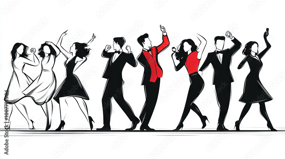 Fototapeta premium Silhouettes of people dancing at a party.
