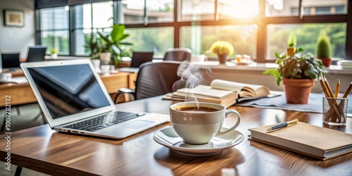 Freshly brewed coffee in a modern office setting, with a steaming cup on a cluttered desk amidst papers, photo