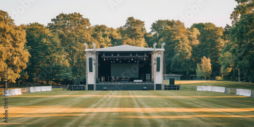 Empty outdoor stage surrounded by lush trees, set for a concert on a sunny day.