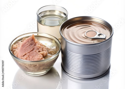 Freshly opened can of light tuna in water, with a single chunky piece exposed, surrounded by gleaming silver