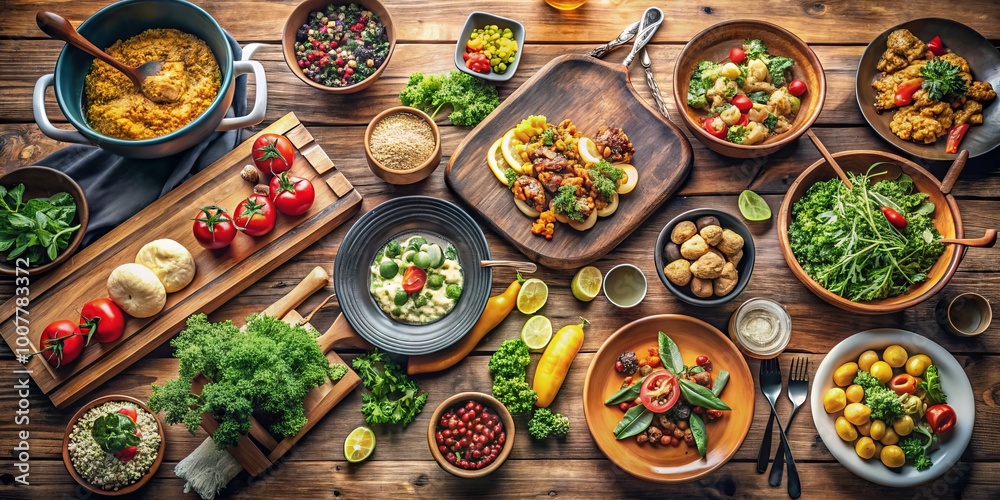 Freshly prepared meals and diverse ingredients are shared around a modern wooden table, symbolizing unity, teamwork, Freshly prepared meals and diverse ingredients are shared around a modern wooden table, symbolizing unity, teamwork,