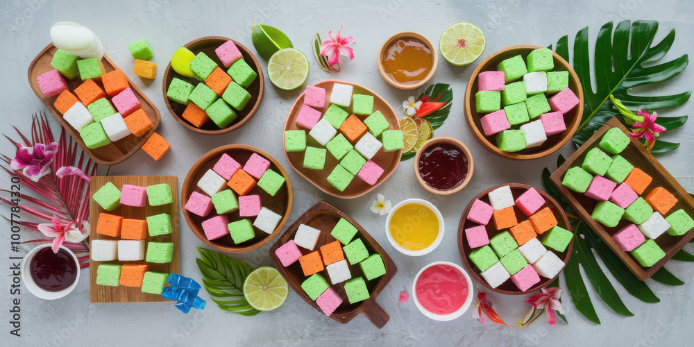 Colorful tropical sweets arranged with fresh flowers and fruits on a tropical-themed background. Colorful tropical sweets arranged with fresh flowers and fruits on a tropical-themed background.