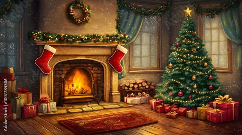 Christmas tree with fireplace and stockings for xmas promotion