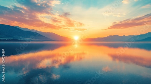 Tranquil Sunset Reflection Over Calm Lake, serene golden hues cast by the sun dipping below majestic mountains, embodying harmony and untouched nature's beauty